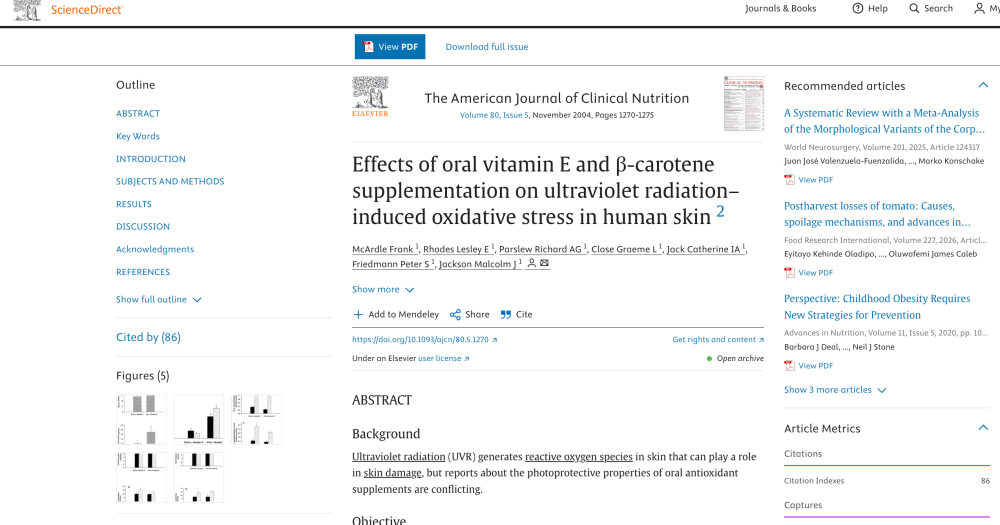 تأثير مكملات فيتامين هـ وبيتا كاروتين الفموية على الإجهاد المؤكسد الناتج عن الأشعة فوق البنفسجية في الجلد