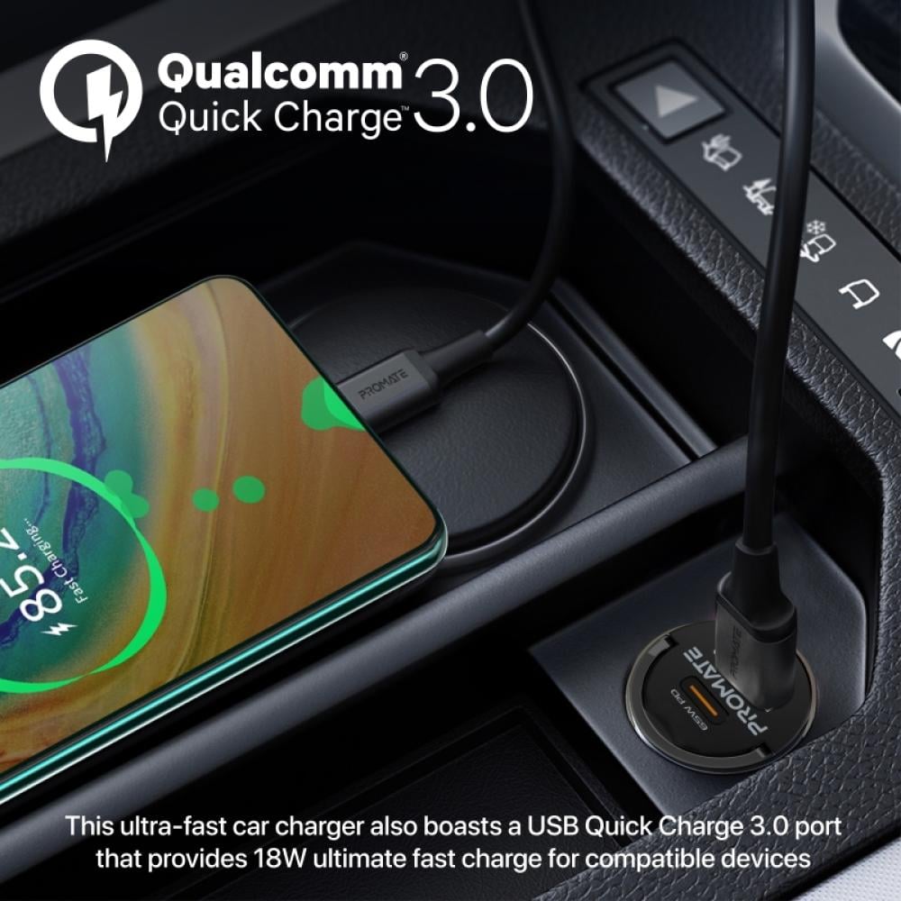 شاحن سيارة فعّال ومدمج بتصميم شفاف يتميز بمنفذ USB-C بقوة 65 واط للأجهزة اللوحية والكمبيوترات المحمولة بالإضافة إلى منفذ شحن سريع QC 3.0 بقوة 18 واط للأجهزة المتوافقة مع تصميم صغير الحجم وسهل الحمل  -  Promate - TransDrive-65W
