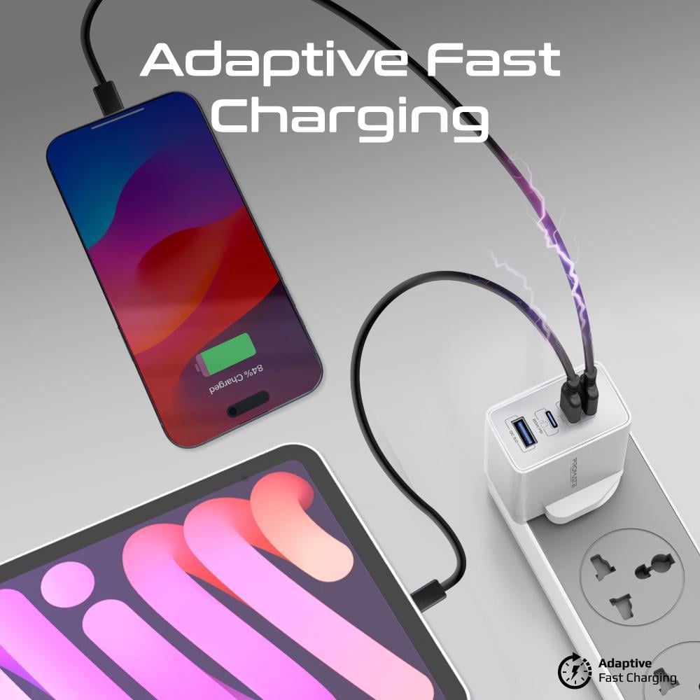 أقوى راس شاحن جداري فائق السرعة بتقنية GaN بقوة 67 واط مع منفذ USB-C™ بقوة 20 واط ومنفذ QC 3.0 بقوة 22.5 واط مع حماية الشحن لأجهزة الكمبيوتر المحمولة والهواتف الذكية، Promate GaNPort4-67PD