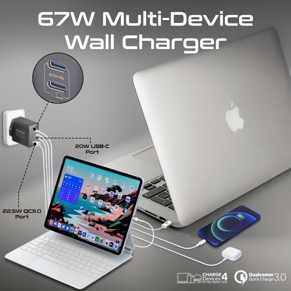 أقوى راس شاحن جداري فائق السرعة بتقنية GaN بقوة 67 واط مع منفذ USB-C™ بقوة 20 واط ومنفذ QC 3.0 بقوة 22.5 واط مع حماية الشحن لأجهزة الكمبيوتر المحمولة والهواتف الذكية، Promate GaNPort4-67PD