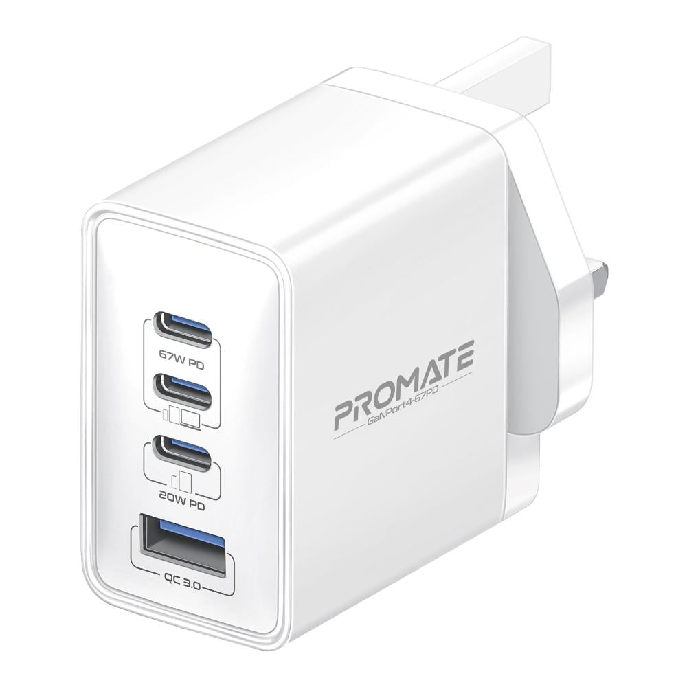 أقوى راس شاحن جداري فائق السرعة بتقنية GaN بقوة 67 واط مع منفذ USB-C™ بقوة 20 واط ومنفذ QC 3.0 بقوة 22.5 واط مع حماية الشحن لأجهزة الكمبيوتر المحمولة والهواتف الذكية، Promate GaNPort4-67PD