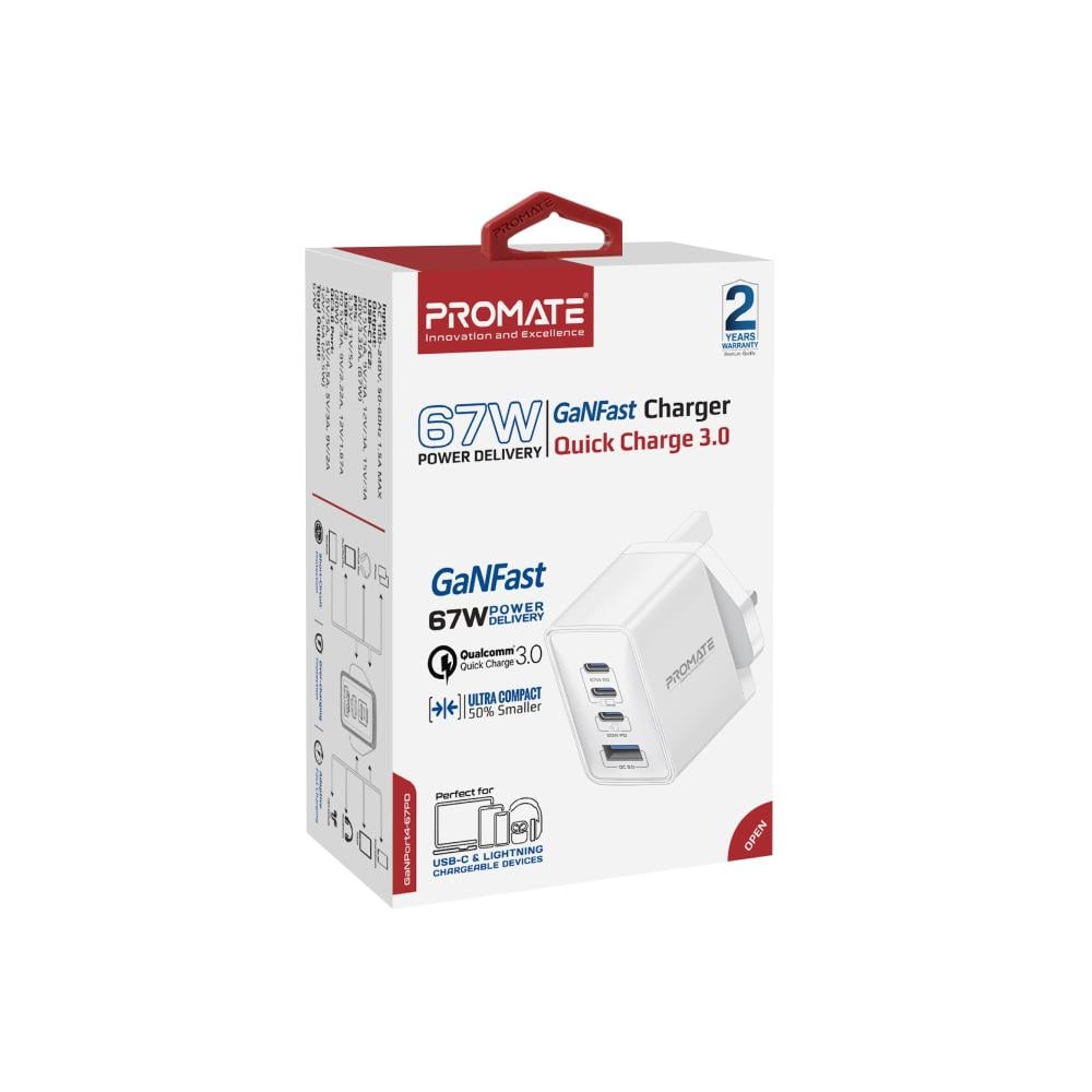 أقوى راس شاحن جداري فائق السرعة بتقنية GaN بقوة 67 واط مع منفذ USB-C™ بقوة 20 واط ومنفذ QC 3.0 بقوة 22.5 واط مع حماية الشحن لأجهزة الكمبيوتر المحمولة والهواتف الذكية، Promate GaNPort4-67PD