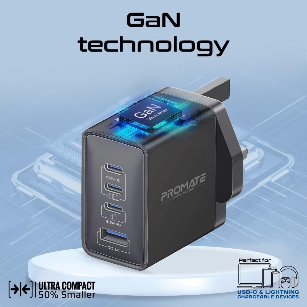 أقوى راس شاحن جداري فائق السرعة بتقنية GaN بقوة 67 واط مع منفذ USB-C™ بقوة 20 واط ومنفذ QC 3.0 بقوة 22.5 واط مع حماية الشحن لأجهزة الكمبيوتر المحمولة والهواتف الذكية، Promate GaNPort4-67PD