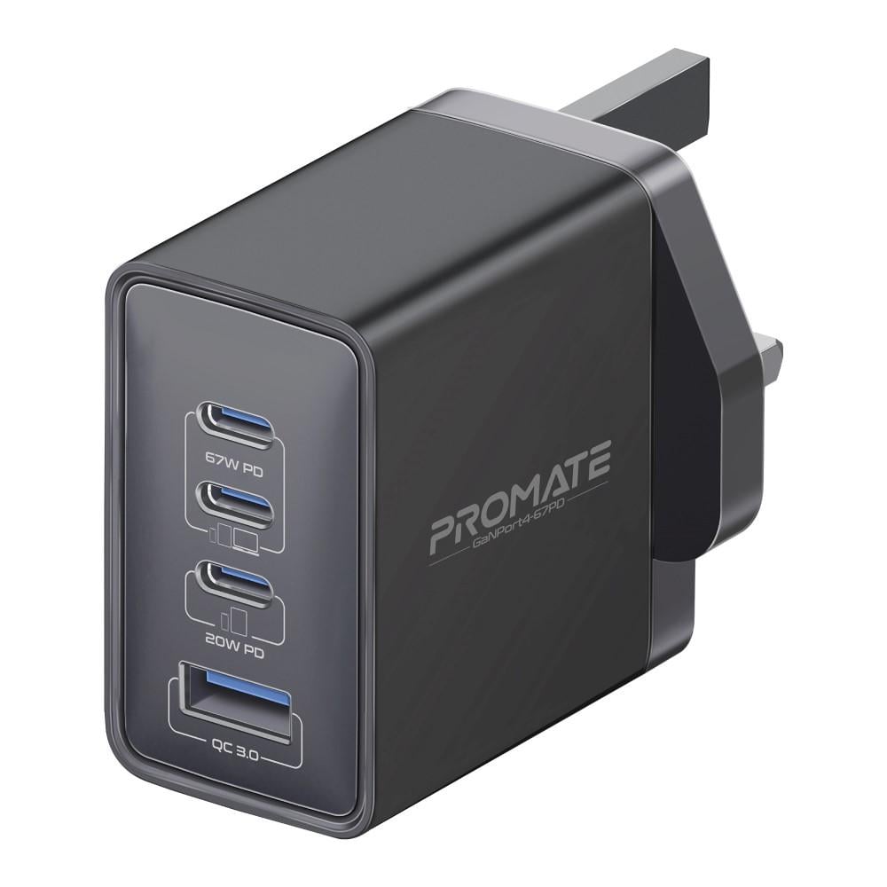 أقوى راس شاحن جداري فائق السرعة بتقنية GaN بقوة 67 واط مع منفذ USB-C™ بقوة 20 واط ومنفذ QC 3.0 بقوة 22.5 واط مع حماية الشحن لأجهزة الكمبيوتر المحمولة والهواتف الذكية، Promate GaNPort4-67PD