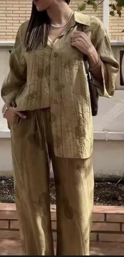 أطقم سراويل طويلة مطبوعة للنساء قمصان طويلة نصف كم...