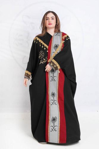 بشت اسود نسائي متزين بقماش السدو الاحمر