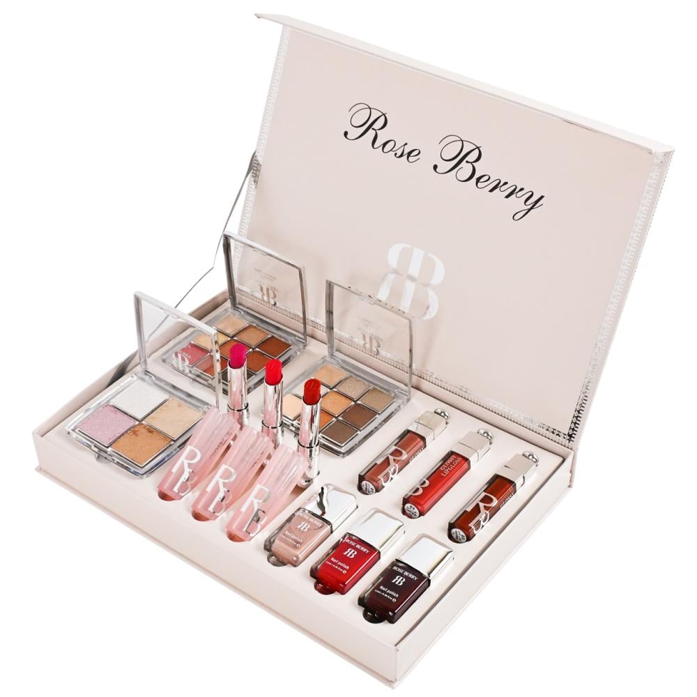 طقم مكياج "Rose Berry" المتكامل - المجموعة الوردية الفاخرة للوجه والشفاه والأظافر