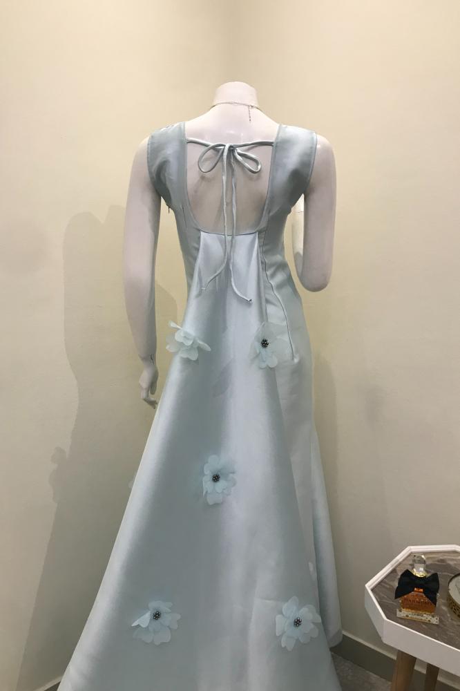 فستان طويل بتصميم الذيل المورد بالؤلؤ