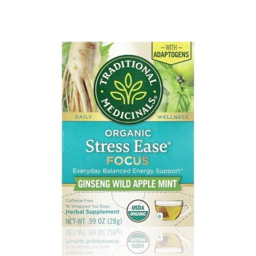 Organic Stress Ease® Focus ، نبات الجينسينغ والتفاح البري والنعناع ، خالٍ من الكافيين ، 16 كيس شاي مغلف ، 0.99 أونصة (28