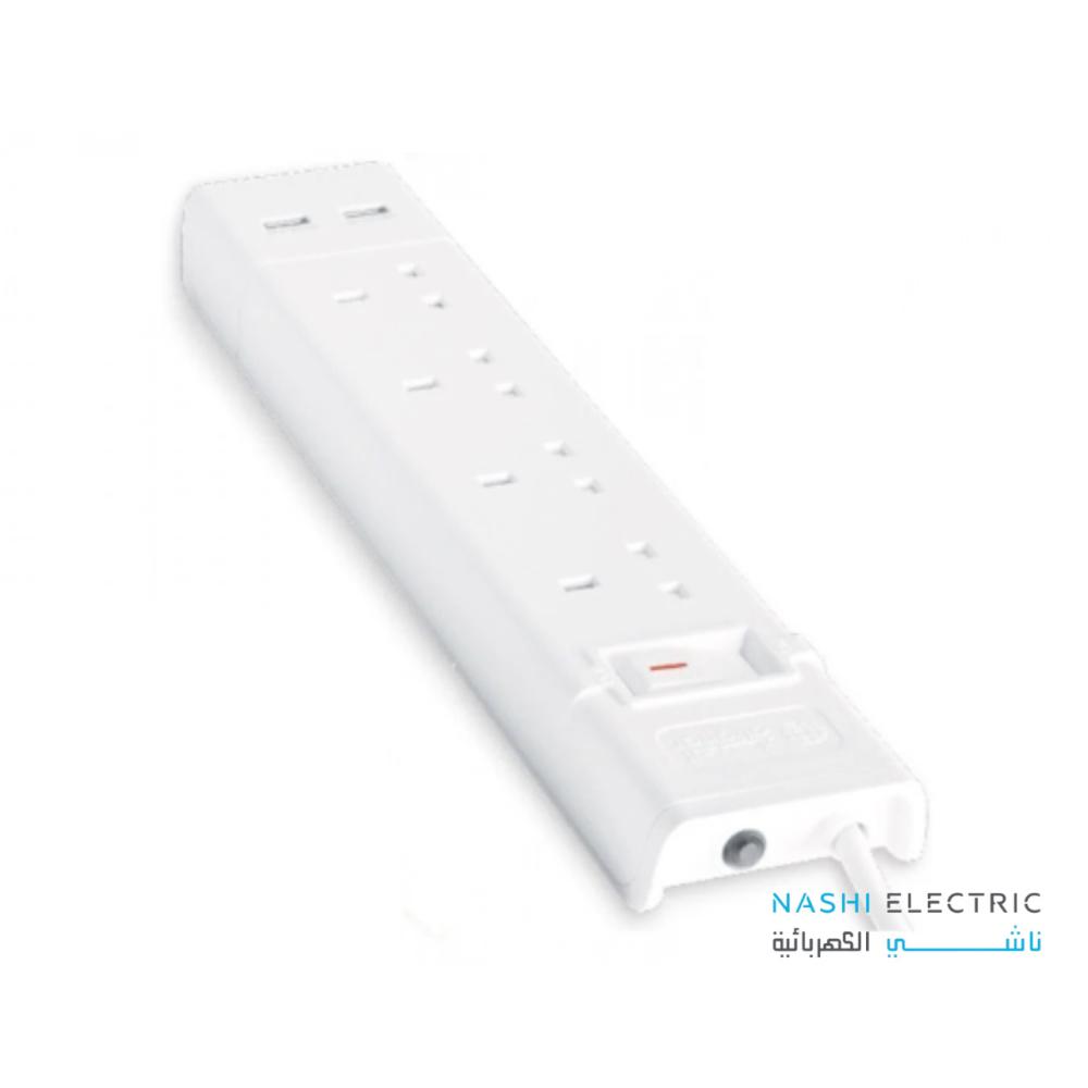 الفنار وصلة كهربائية 3 متر 4 مقابس مع مخرجين USB ابيض