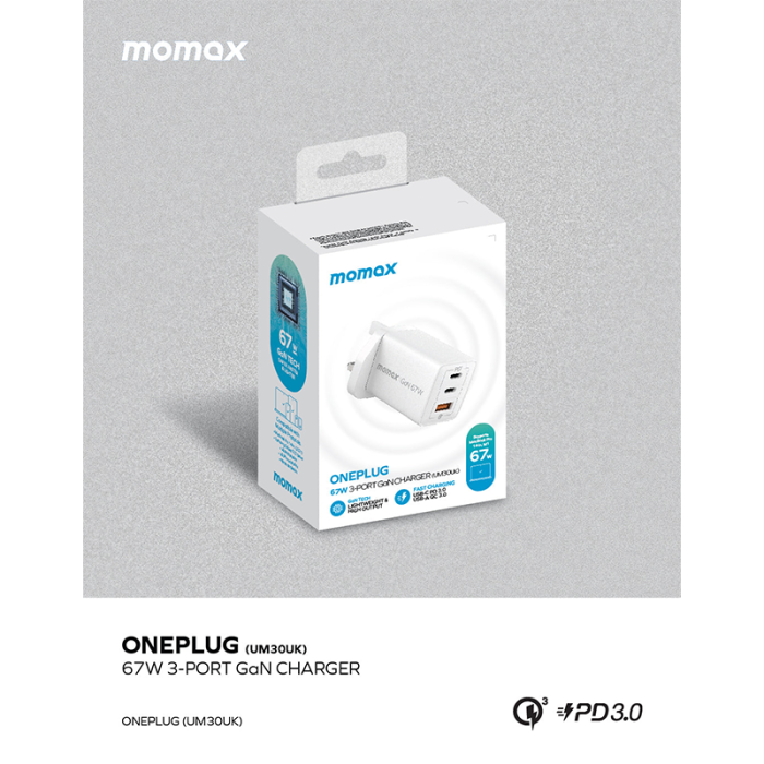 Momax ONEPLUG 67W 3-Port GaN Charger - Black - الدهماني للاتصالات Aldahmani  Telecom