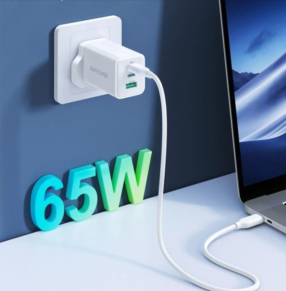 RavPower Pioneer Wall Charger, 65 Watts, two USB-C ports and one USB-A port  with GaN technology - white - الدهماني للاتصالات Aldahmani Telecom