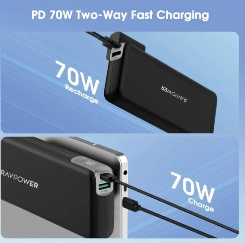 RAVPower 70W Power Bank, 20,000 mAh, 2 Type-C ports and 2 USB-A ports -  Black - الدهماني للاتصالات Aldahmani Telecom