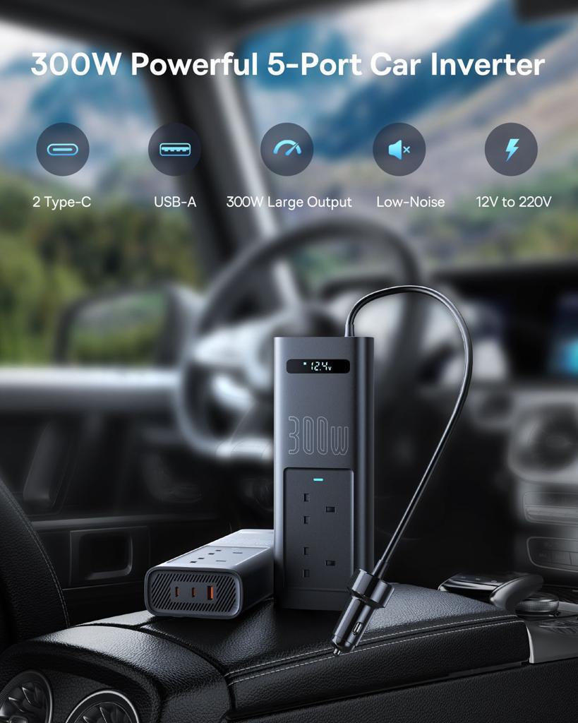 بيسوس محول الطاقة للسيارة مع شاشة ذكية و5 منافذ بقوة 300 واط من baseus