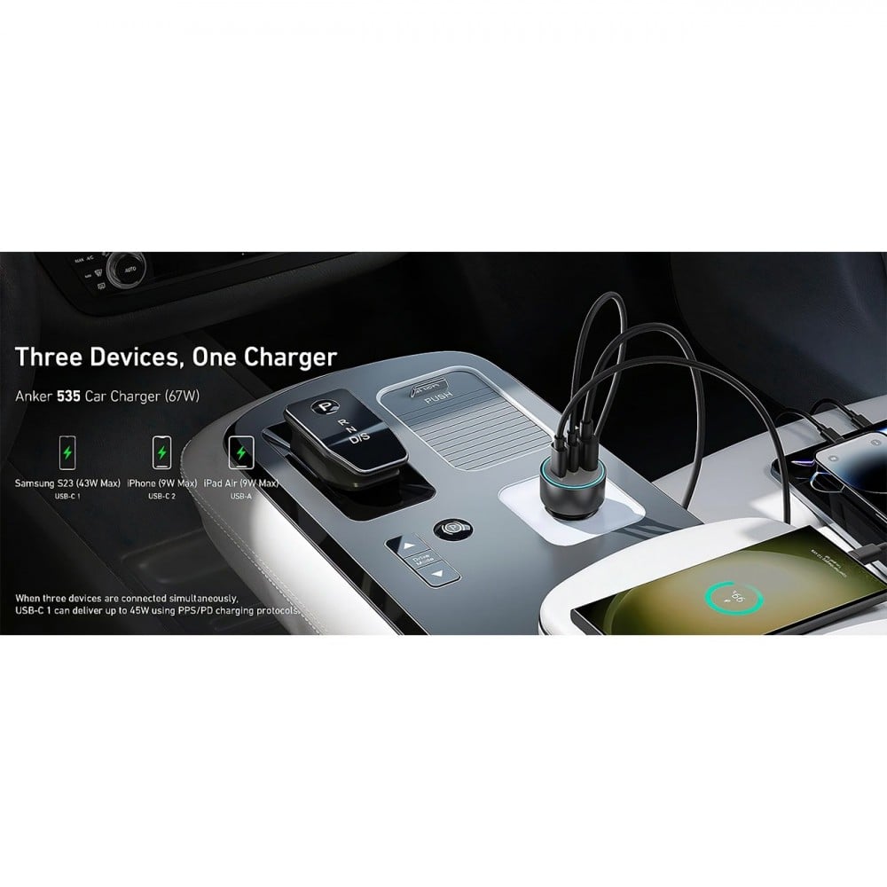 Anker 535 car charger head, 67 watts, with two Type-C ports and a