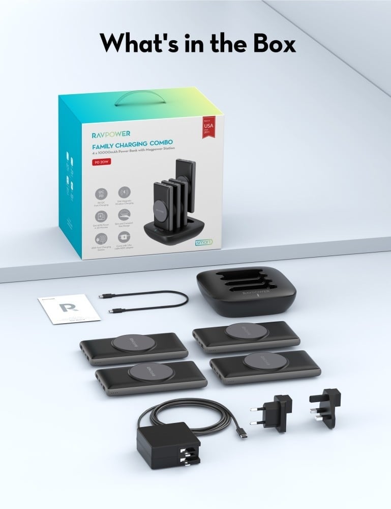 RAVPower RP-PB251 Family Charging Station with 4 10000mAh Batteries, Wireless MagSafe Charging, 2 USB-A Ports, 1 Type-C Port, and 1 Micro Port - Black