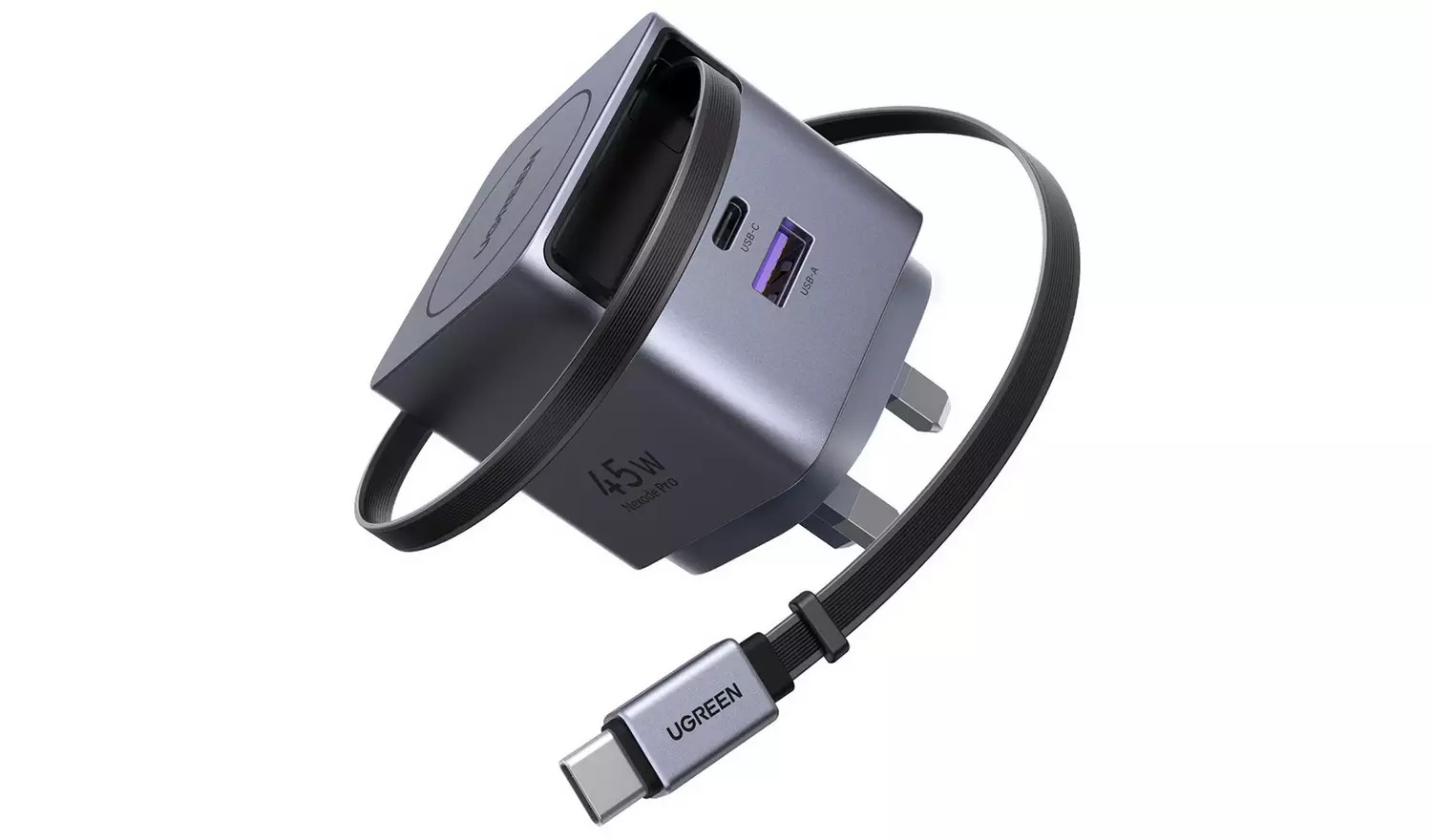 يوجرين نيكسود برو شاحن جداري بقوة 45 واط مع كابل USB-C قابل للسحب