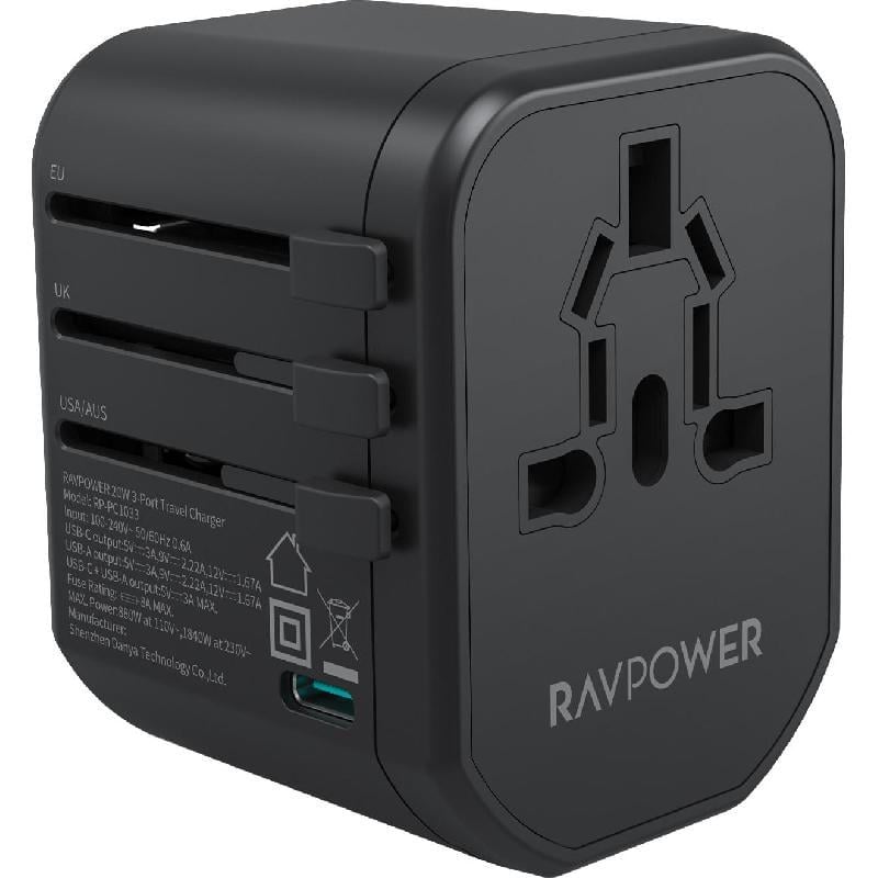 RAV Power Travel Wall Plug, 20 Watt, Multi-Port, with Two USB Ports - Black  - الدهماني للاتصالات Aldahmani Telecom