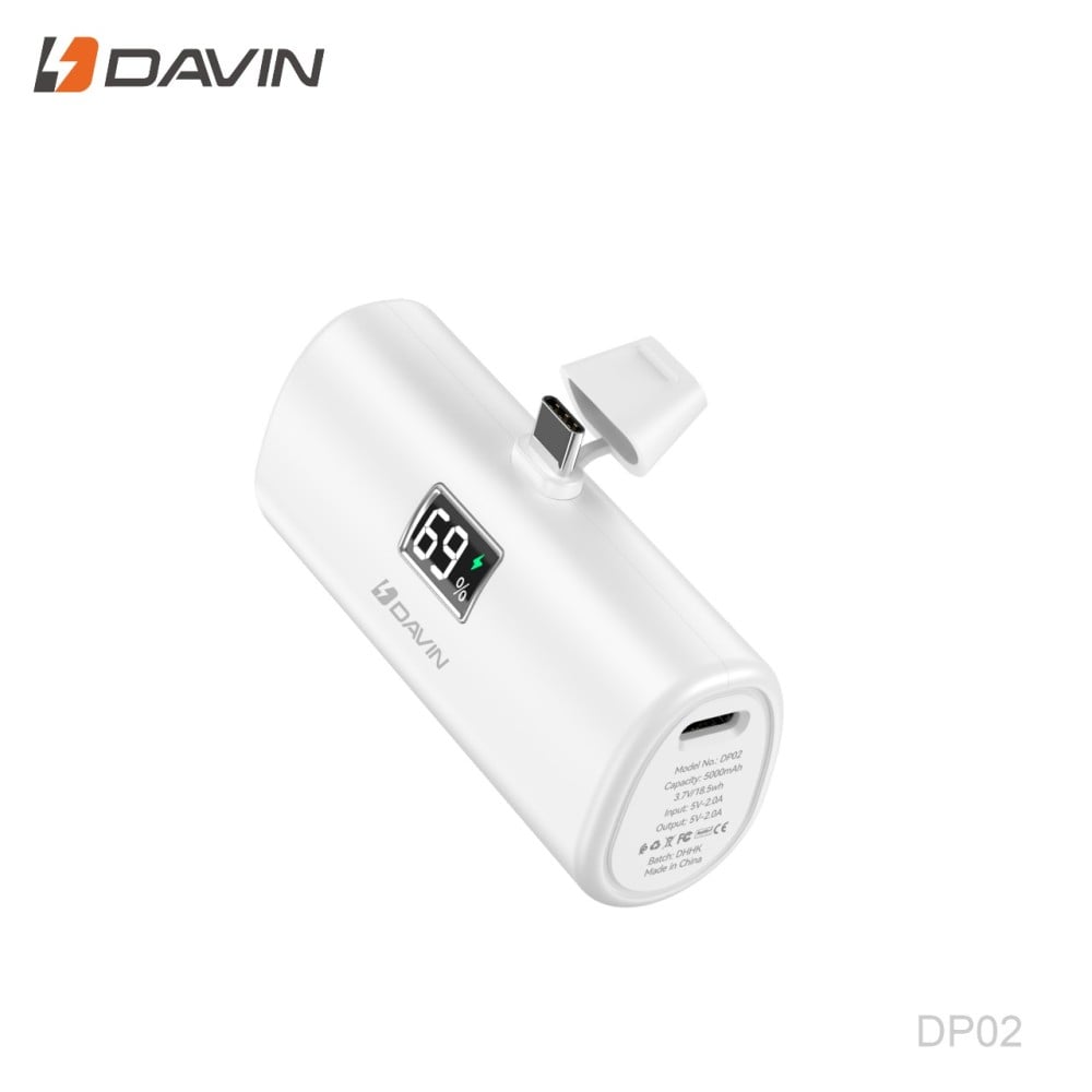 DAVIN Mini Power Bank 5000 mAh Type C for Android - White DAVIN - الدهماني  للاتصالات Aldahmani Telecom