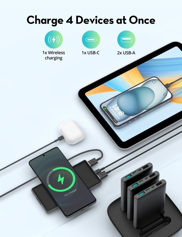 RAVPower RP-PB251 Family Charging Station with 4 10000mAh Batteries, Wireless MagSafe Charging, 2 USB-A Ports, 1 Type-C Port, and 1 Micro Port - Black