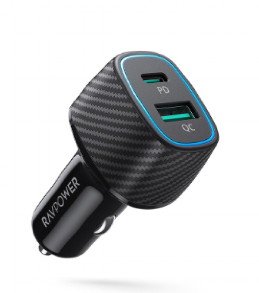 راف باور شاحن سيارة بتقنية بي دي بقوة 60 واط بمنفذ USB-C ومنفذ USB-A - اسود