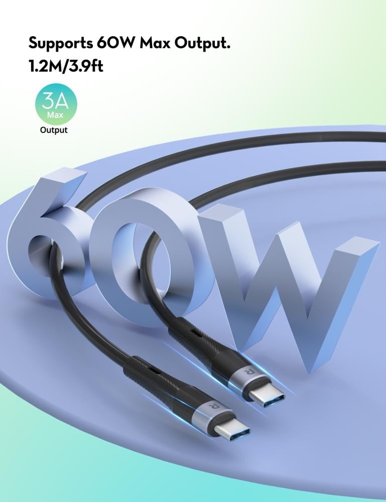 راف باور سلك شحن ومزامنة 1.2 متر 60 واط اسود-RP-CB1038