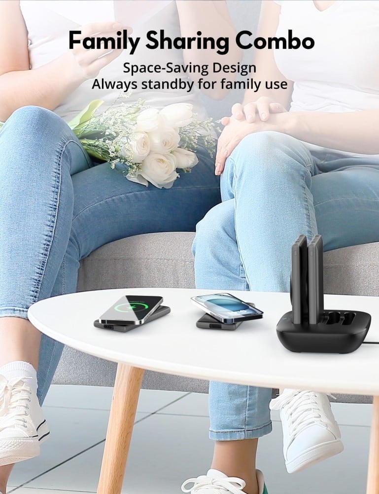 RAVPower RP-PB251 Family Charging Station with 4 10000mAh Batteries, Wireless MagSafe Charging, 2 USB-A Ports, 1 Type-C Port, and 1 Micro Port - Black