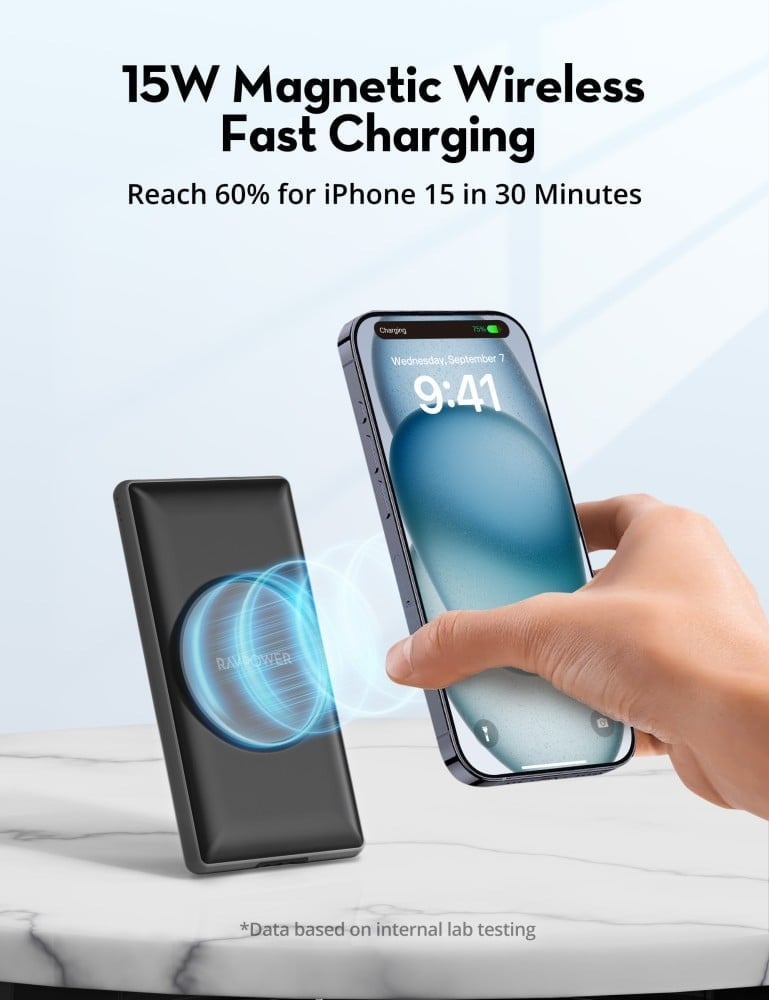 RAVPower RP-PB251 Family Charging Station with 4 10000mAh Batteries, Wireless MagSafe Charging, 2 USB-A Ports, 1 Type-C Port, and 1 Micro Port - Black