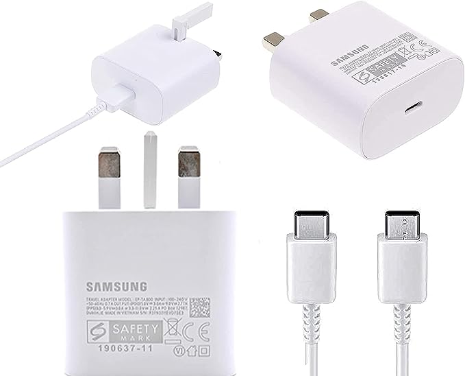 Wall charger with a 25-watt Type-C cable that supports fast charging from Samsung - white