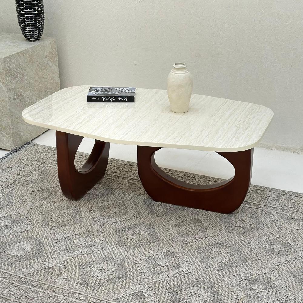 طاولة قهوة سداسي سطح بديل الرخام ترافنتينو ملمس ناعم قاعده خشب لون بني