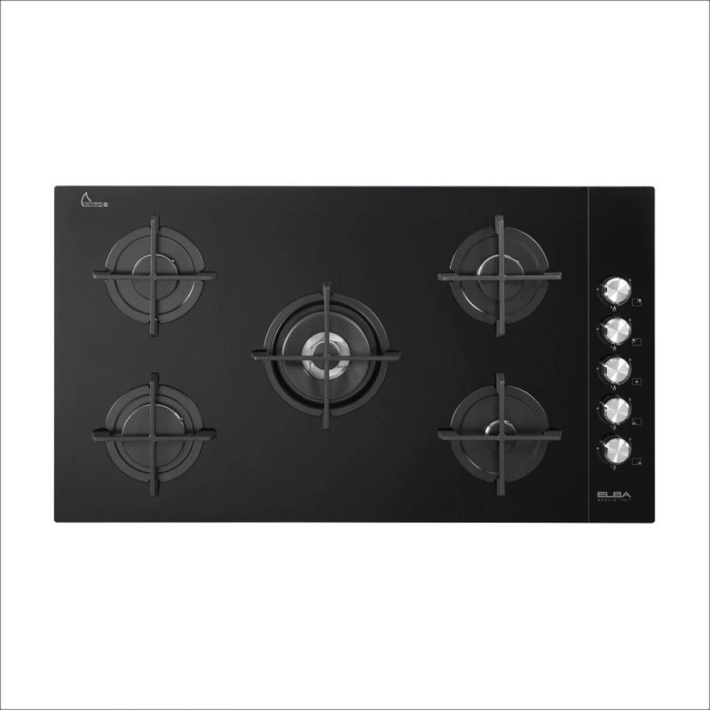 سطح غاز البا زجاج أسود 90 سم – 5 عيون مع شعلة ثلاثية وإشعال ذاتي وصمام أمان – شبك حديد زهر