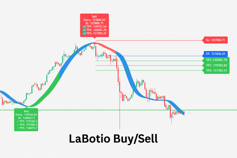 صورة توضيحية لمؤشر LaBotio Buy/Sell على منصة TradingView تُظهر إشارات