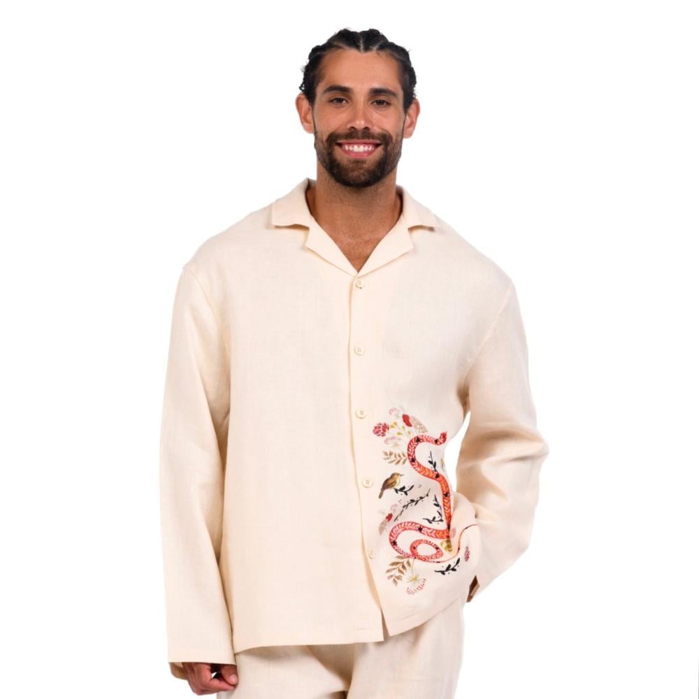 【PERSTEP】CANVAS HEAVY LINEN SHIRT Men's Pure Linen Beige Printed Contemporary Fit Half Sleeve