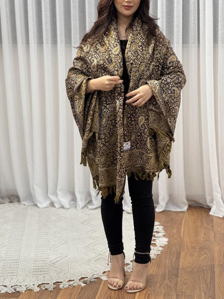 شال كشميري اسود لون ذهبي متجر لمسة تطريز