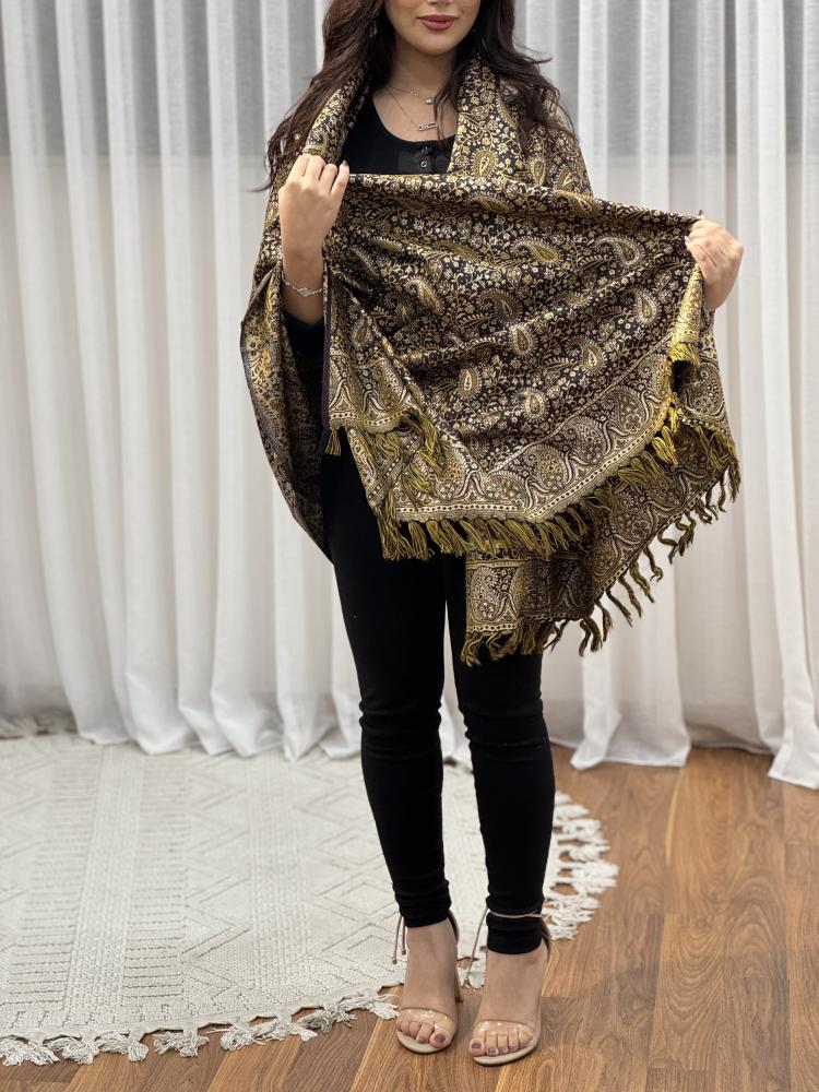 شال كشمير اسود لون ذهبي لمسة تطريز