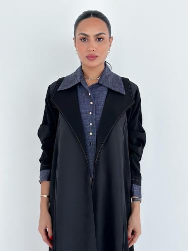 تسليم فوري - عبايه كريب ياباني اسود وتفته وقميص لنن متصل قصير بنفسجي #607