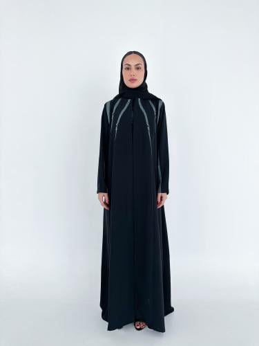 عبايه كريب كوري اسود بقصات اخضر مموج وشك احجار #601