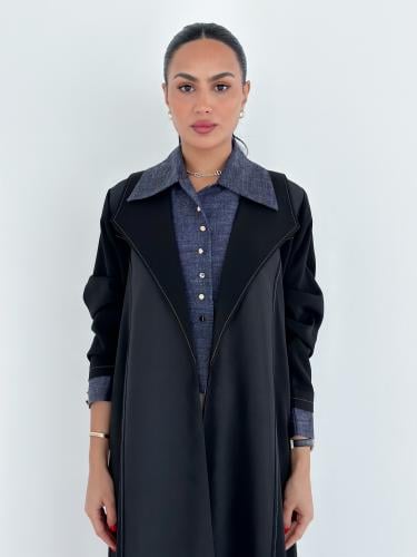 عبايه كريب ياباني اسود وتفته وقميص لنن متصل قصير بنفسجي #607