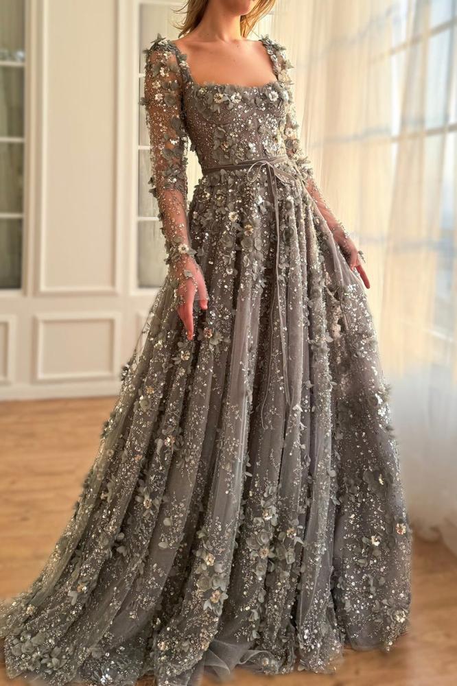 فستان سهرة مورد طويل بأكمام طويلة