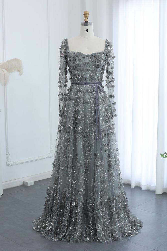 فستان سهرة مورد طويل بأكمام طويلة