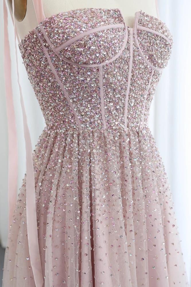 فستان سهرة أحمر شك كرستال بأكمام شريطة