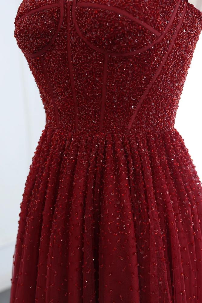 فستان سهرة أحمر شك كرستال بأكمام شريطة