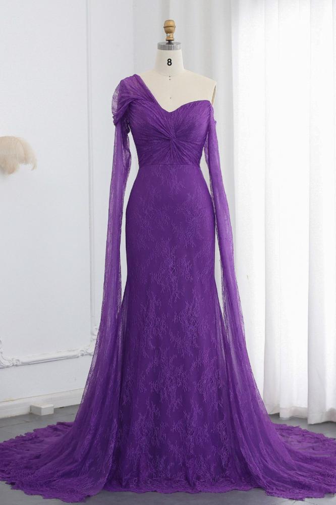 فستان سهرة دانتيل فرنسي أرجواني طويل