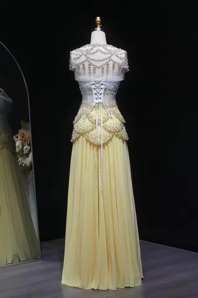 فستان سهرة كورسيه ليموني بأكتاف طويل