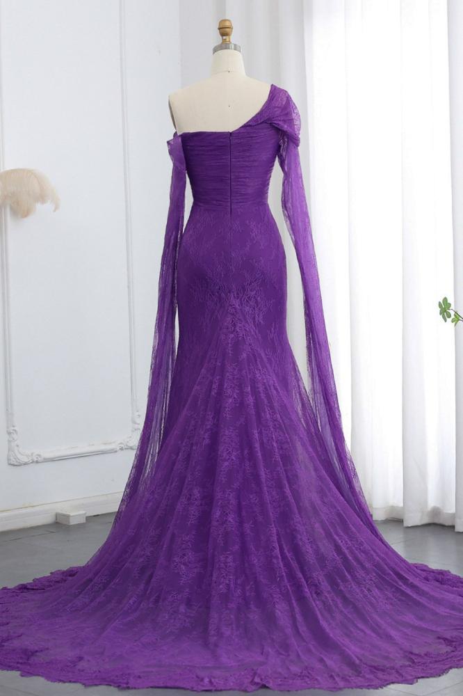 فستان سهرة دانتيل فرنسي أرجواني طويل