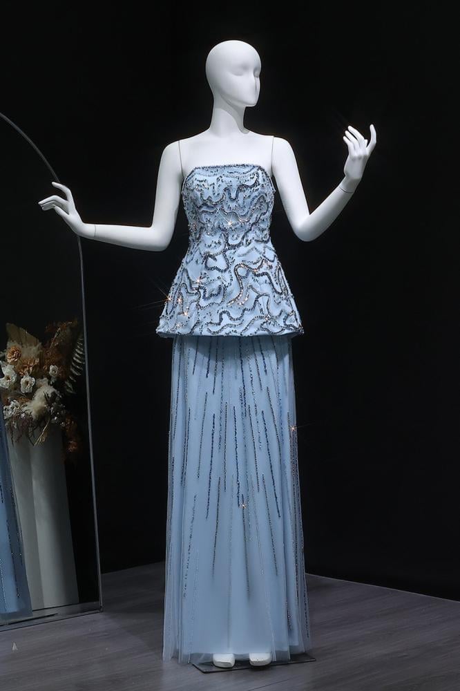 فستان سهرة طويل سماوي فاتح توب