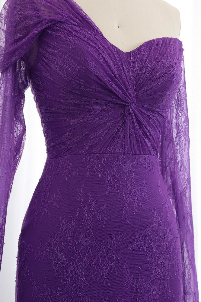 فستان سهرة دانتيل فرنسي أرجواني طويل