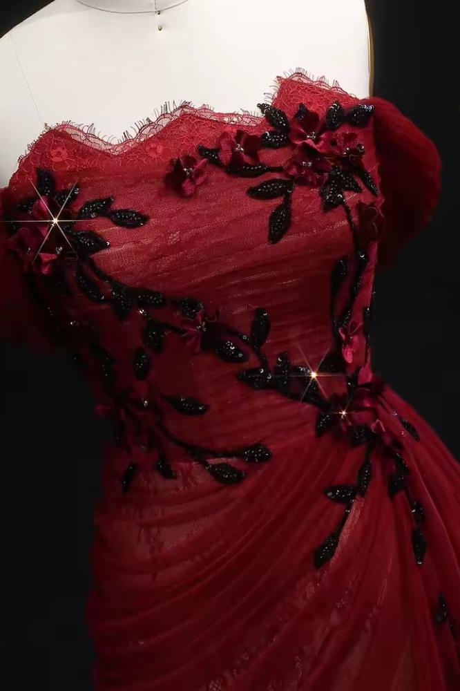 فستان سهرة طويل دانتيل فرنسي خمري