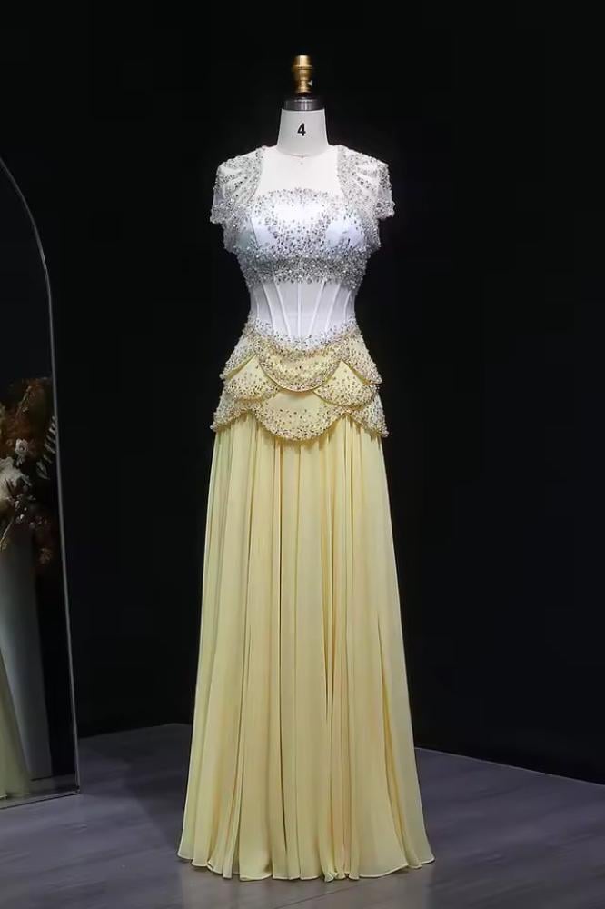 فستان سهرة كورسيه ليموني بأكتاف طويل