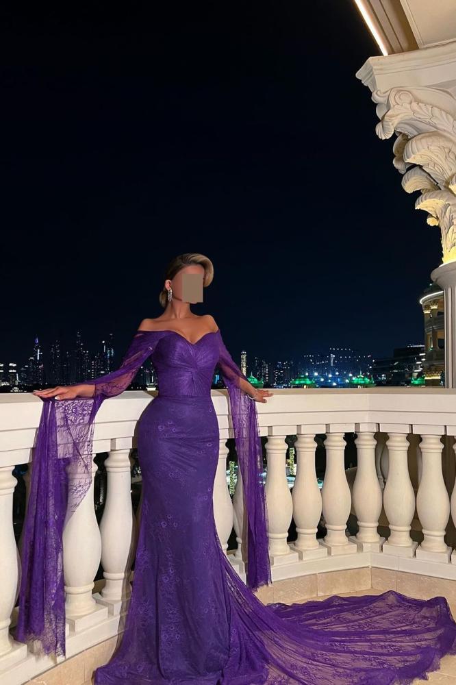 فستان سهرة دانتيل فرنسي أرجواني طويل